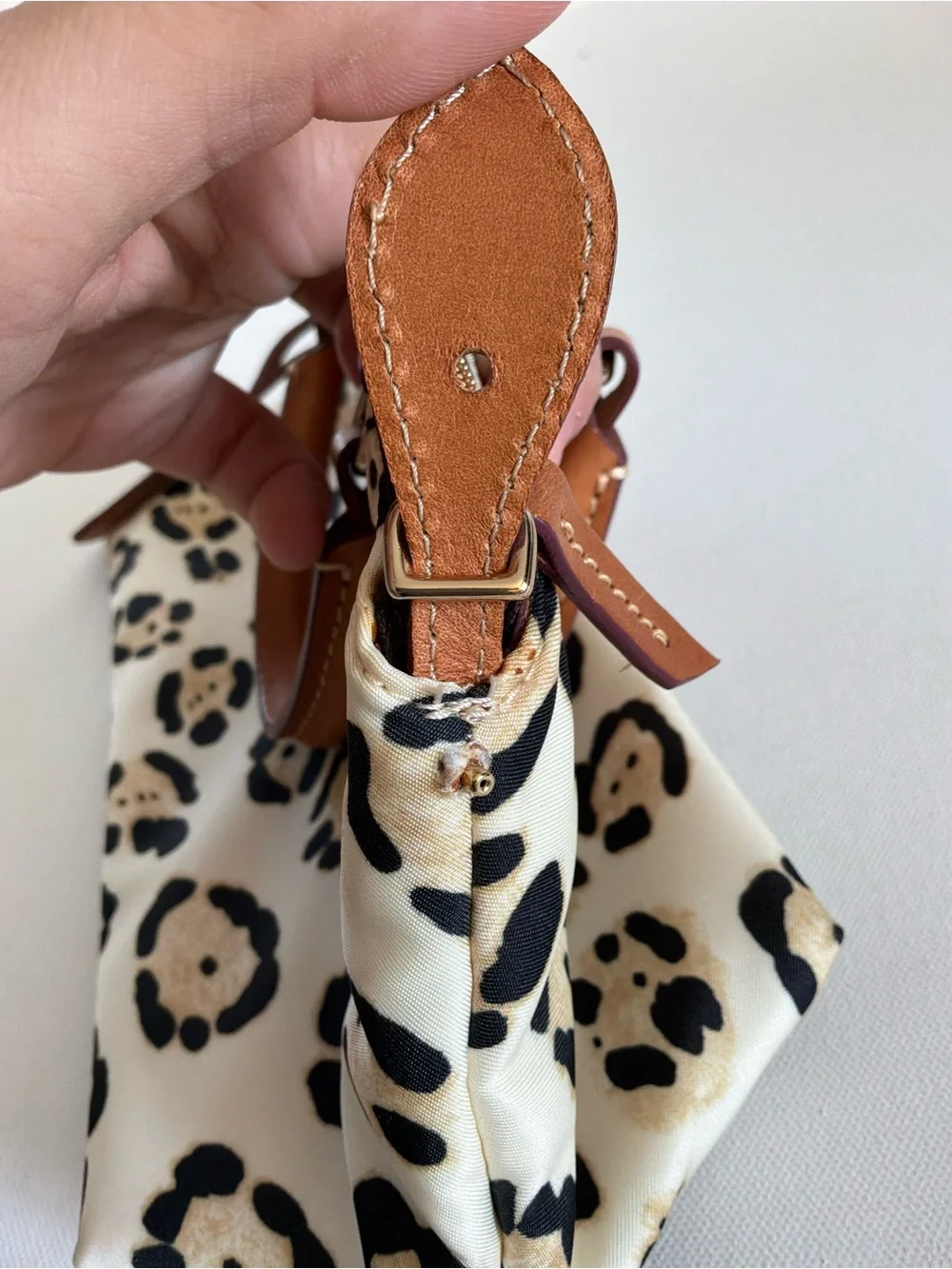 Dooney & Bourke Leopard Print Nylon Satchel Crossbody Bag Leather Trim Tan White